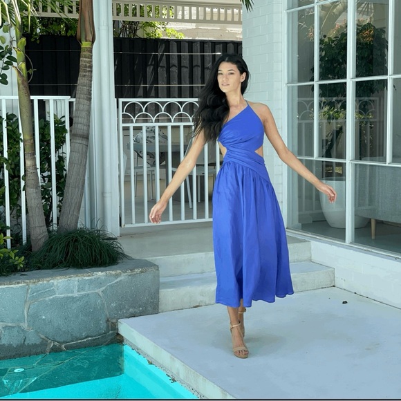 NWT Zimmermann Tropicana Asymmetric Open Back Linen Midi Dress Size XL /4 Blue - Picture 5 of 12